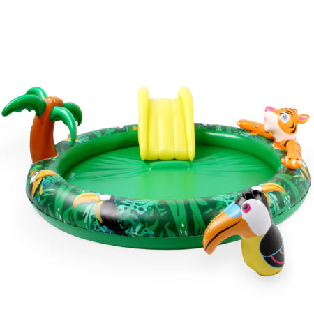 Kinder-Planschbecken mit Rutsche im Dschungel-Design, Größe 182x62x165 cm.